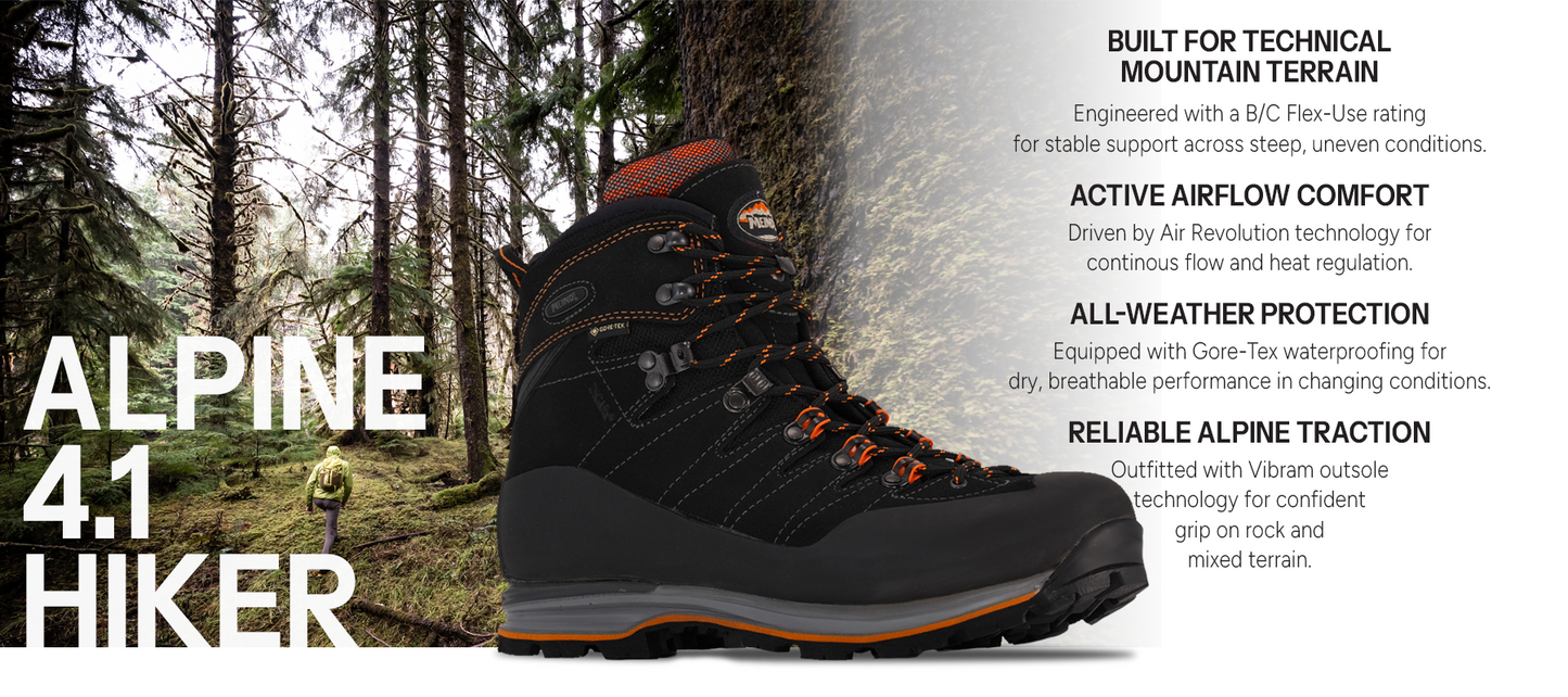Meindl Air Revolution Alpine 4.1 Hiker – Black and Orange Gore-Tex Alpine Hiking Boot With Hiker in Mossy Old-Growth Forest – Features: Built for Technical Mountain Terrain With B/C Flex-Use Rating, Active Airflow Comfort With Air Revolution Technology, All-Weather Protection With Gore-Tex Waterproofing, Reliable Alpine Traction With Vibram Outsole