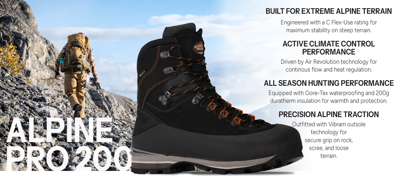 Meindl Air Revolution Alpine Pro 200 – Black and Orange Gore-Tex Insulated Alpine Hunting Boot With Hunter Hiking Rocky Mountain Terrain – Features: Built for Extreme Alpine Terrain With C Flex-Use Rating, Active Climate Control Performance With Air Revolution Technology, All Season Hunting Performance With Gore-Tex Waterproofing and 200g Duratherm Insulation, Precision Alpine Traction With Vibram Outsole