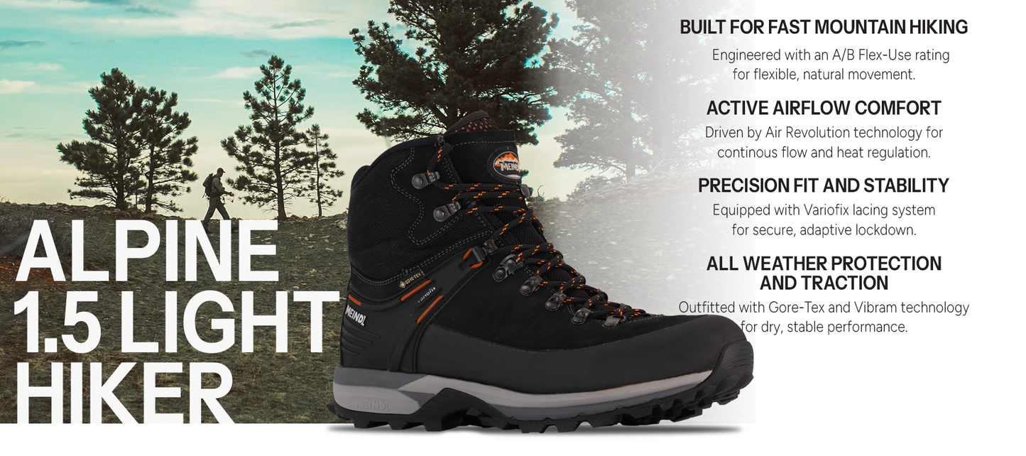 Meindl Alpine 1.5 Light Hiker – Black and Orange Gore-Tex Hiking Boot With Hiker Silhouetted Against Sunset Sky – Features: Built for Fast Mountain Hiking With A/B Flex-Use Rating, Active Airflow Comfort With Air Revolution Technology, Precision Fit and Stability With Variofix Lacing System, All Weather Protection and Traction With Gore-Tex and Vibram Outsole