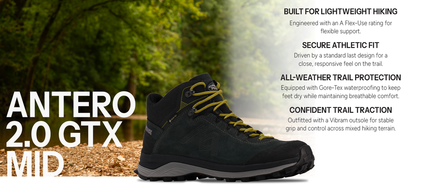 Meindl Antero 2.0 GTX Mid – Black and Yellow Gore-Tex Suede Mid Hiking Boot on Autumn Forest Trail – Features: Built for Lightweight Hiking With A Flex-Use Rating, Secure Athletic Fit With Standard Last Design, All-Weather Trail Protection With Gore-Tex Waterproofing, Confident Trail Traction With Vibram Outsole