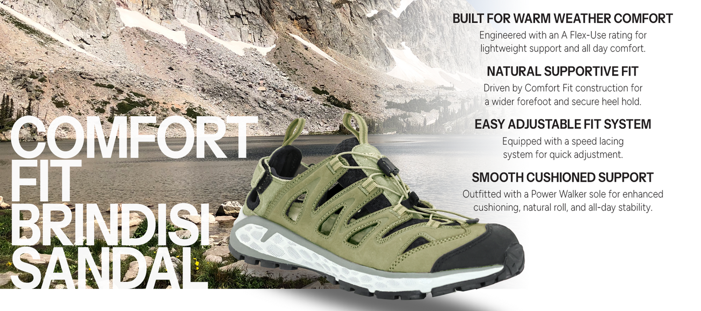 Meindl Comfort Fit Brindisi Sandal – Olive Green Suede Open Hiking Sandal Against Alpine Lake and Rocky Mountain Backdrop – Features: Built for Warm Weather Comfort With A Flex-Use Rating, Natural Supportive Fit With Comfort Fit Construction for Wider Forefoot and Secure Heel Hold, Easy Adjustable Fit System With Speed Lacing, Smooth Cushioned Support With Power Walker Sole for Natural Roll and All-Day Stability
