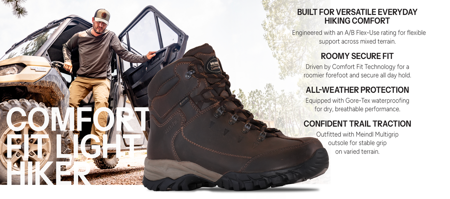 Meindl Comfort Fit Light Hiker – Dark Brown Gore-Tex Leather Hiking Boot Beside UTV – Features: Built for Versatile Everyday Hiking Comfort With A/B Flex-Use Rating, Roomy Secure Fit With Comfort Fit Technology, All-Weather Protection With Gore-Tex Waterproofing, Confident Trail Traction With Meindl Multigrip Outsole