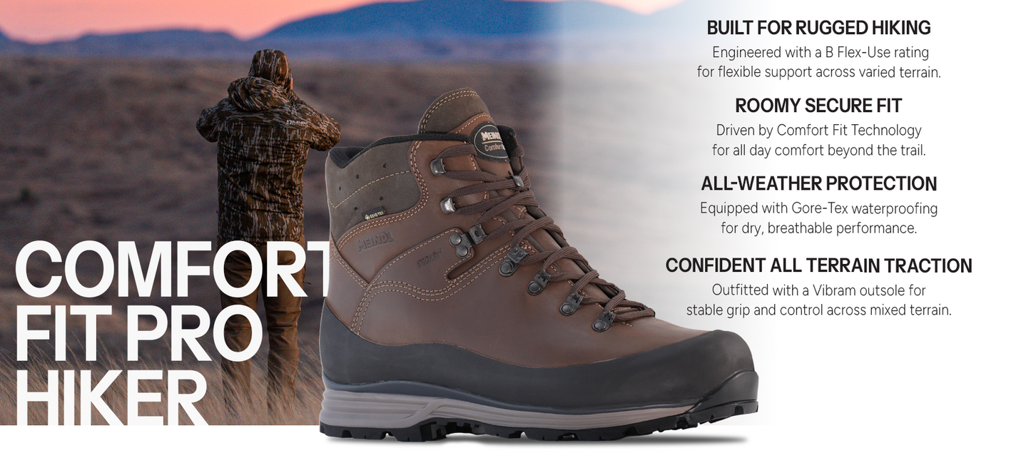 Meindl Comfort Fit Pro Hiker – Brown Full-Grain Leather Gore-Tex Hiking Boot With Hunter Glassing at Dusk in Desert Terrain – Features: Built for Rugged Hiking With B Flex-Use Rating, Roomy Secure Fit With Comfort Fit Technology, All-Weather Protection With Gore-Tex Waterproofing, Confident All Terrain Traction With Vibram Outsole