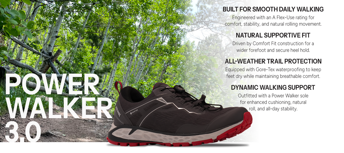 Meindl Comfort Fit Power Walker 3.0 – Black and Red Gore-Tex Walking Shoe on Forest Trail – Features: Built for Smooth Daily Walking With A Flex-Use Rating, Natural Supportive Fit With Comfort Fit Construction, All-Weather Trail Protection With Gore-Tex Waterproofing, Dynamic Walking Support With Power Walker Rolling Sole