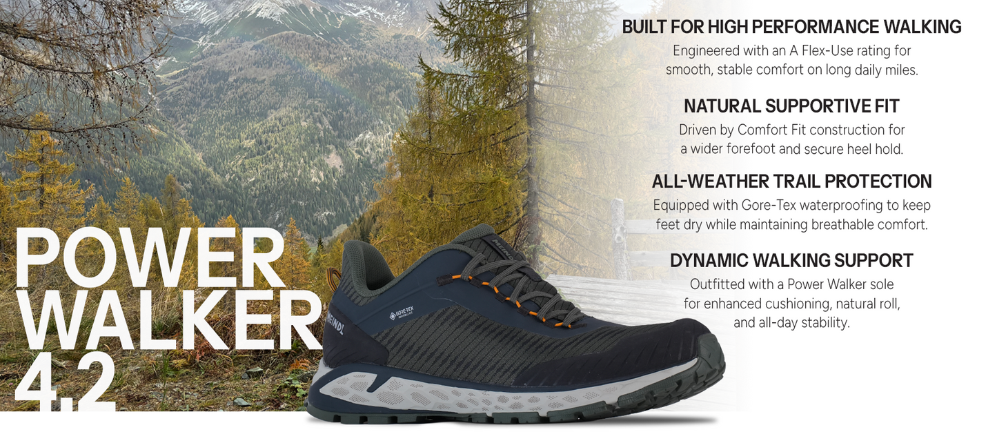 Meindl Power Walker 4.2 – Navy Gore-Tex Knit Walking Shoe Against Autumn Alpine Mountain Backdrop – Features: Built for High Performance Walking With A Flex-Use Rating, Natural Supportive Fit With Comfort Fit Construction, All-Weather Trail Protection With Gore-Tex Waterproofing, Dynamic Walking Support With Power Walker Rolling Sole