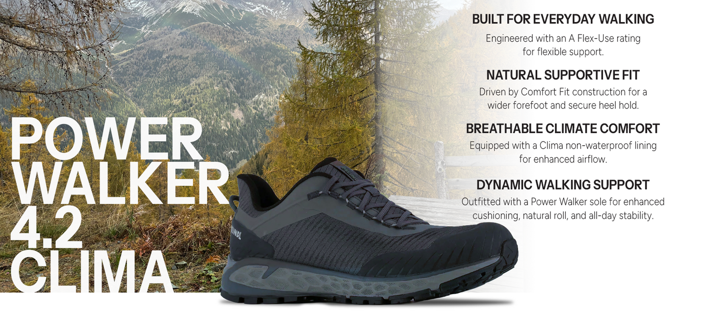 Meindl Power Walker 4.2 Clima – Dark Grey Clima Knit Walking Shoe Against Autumn Alpine Mountain Backdrop – Features: Built for Everyday Walking With A Flex-Use Rating, Natural Supportive Fit With Comfort Fit Construction, Breathable Climate Comfort With Clima Non-Waterproof Lining, Dynamic Walking Support With Power Walker Rolling Sole