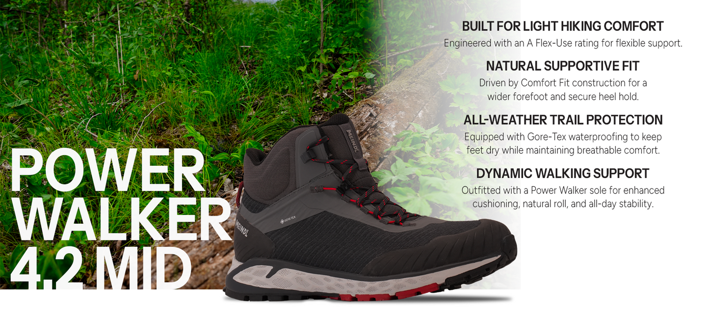 Meindl Comfort Fit Power Walker 4.2 Mid – Black and Red Gore-Tex Mid Walking Boot on Forest Trail – Features: Built for Light Hiking Comfort With A Flex-Use Rating, Natural Supportive Fit With Comfort Fit Construction, All-Weather Trail Protection With Gore-Tex Waterproofing, Dynamic Walking Support With Power Walker Rolling Sole