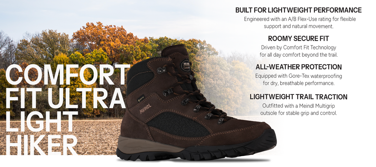 Meindl Comfort Fit Ultra Light Hiker – Dark Brown Suede and Mesh Gore-Tex Hiking Boot Against Autumn Treeline and Field Backdrop – Features: Built for Lightweight Performance With A/B Flex-Use Rating, Roomy Secure Fit With Comfort Fit Technology, All-Weather Protection With Gore-Tex Waterproofing, Lightweight Trail Traction With Meindl Multigrip Outsole