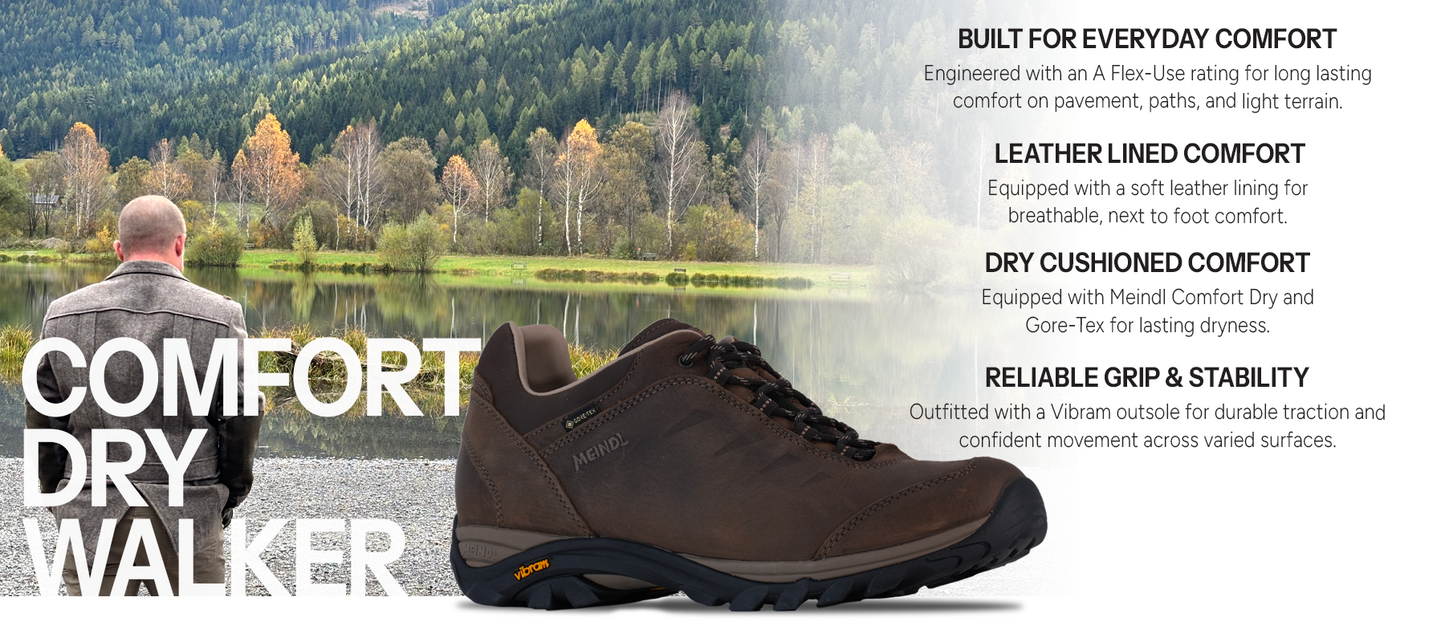 Meindl Comfort Dry Walker – Brown Gore-Tex Leather Walking Shoe With Man Standing by Autumn Mountain Lake – Features: Built for Everyday Comfort With A Flex-Use Rating, Leather Lined Comfort With Soft Breathable Lining, Dry Cushioned Comfort With Meindl Comfort Dry and Gore-Tex, Reliable Grip and Stability With Vibram Outsole
