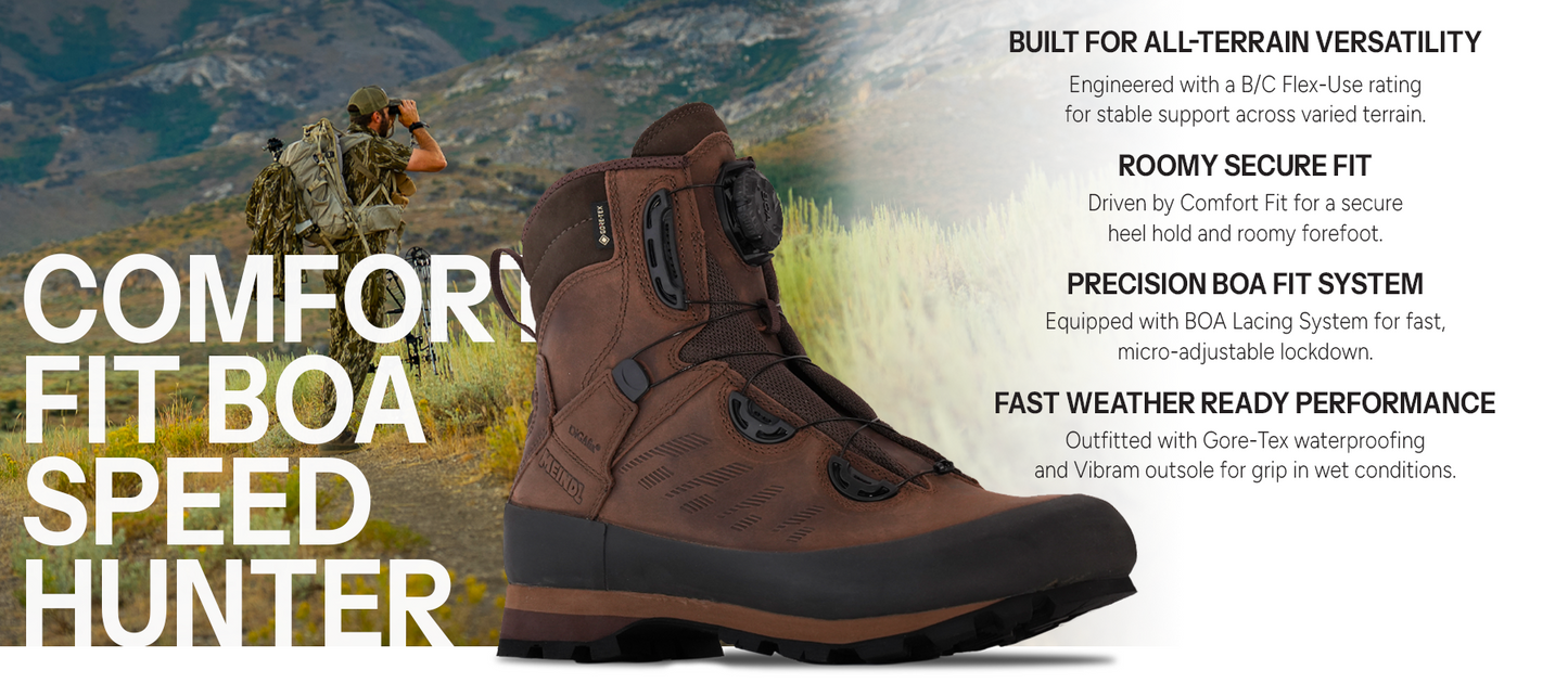 Meindl Comfort Fit BOA Speed Hunter – Brown Gore-Tex Leather Hunting Boot With BOA Lacing System and Hunter Glassing in Mountain Meadow – Features: Built for All-Terrain Versatility With B/C Flex-Use Rating, Roomy Secure Fit With Comfort Fit Technology, Precision BOA Fit System for Fast Micro-Adjustable Lockdown, Fast Weather Ready Performance With Gore-Tex Waterproofing and Vibram Outsole