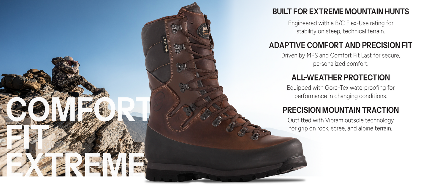 Meindl Comfort Fit Extreme – Tall Brown MFS Gore-Tex Leather Mountain Hunting Boot With Hunter Glassing on Rocky Ridge – Features: Built for Extreme Mountain Hunts With B/C Flex-Use Rating, Adaptive Comfort and Precision Fit With MFS and Comfort Fit Last, All-Weather Protection With Gore-Tex Waterproofing, Precision Mountain Traction With Vibram Outsole