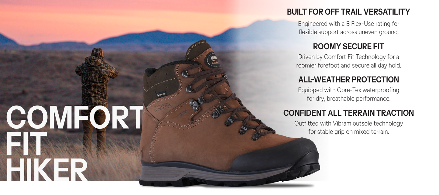 Meindl Comfort Fit Hiker – Brown Gore-Tex Leather Hiking Boot With Hunter Standing in Desert Grassland at Sunset – Features: Built for Off Trail Versatility With B Flex-Use Rating, Roomy Secure Fit With Comfort Fit Technology, All-Weather Protection With Gore-Tex Waterproofing, Confident All Terrain Traction With Vibram Outsole