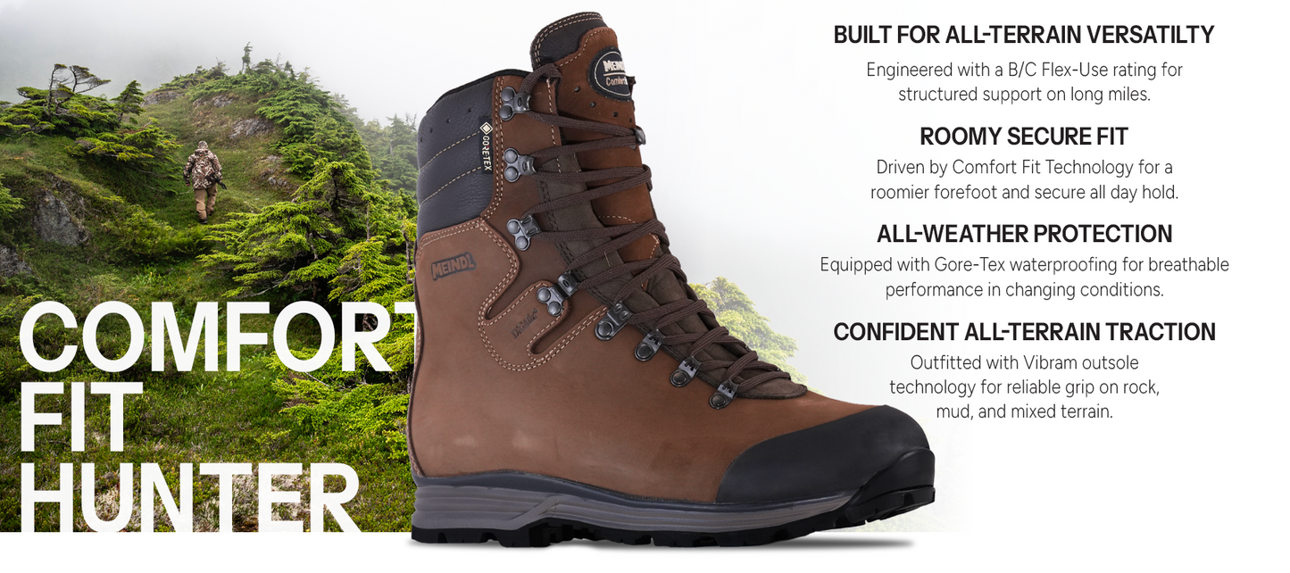 Meindl Comfort Fit Hunter Uninsulated – Tall Brown Gore-Tex Leather Hunting Boot With Hunter Hiking Misty Alpine Terrain – Features: Built for All-Terrain Versatility With B/C Flex-Use Rating, Roomy Secure Fit With Comfort Fit Technology, All-Weather Protection With Gore-Tex Waterproofing, Confident All-Terrain Traction With Vibram Outsole