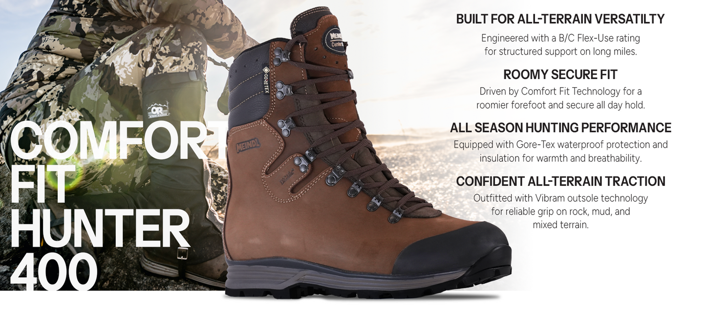 Meindl Comfort Fit Hunter 400 – Tall Brown Insulated Gore-Tex Leather Hunting Boot With Hunter Glassing on Rocky Terrain – Features: Built for All-Terrain Versatility With B/C Flex-Use Rating, Roomy Secure Fit With Comfort Fit Technology, All Season Hunting Performance With Gore-Tex Waterproofing and Insulation, Confident All-Terrain Traction With Vibram Outsole