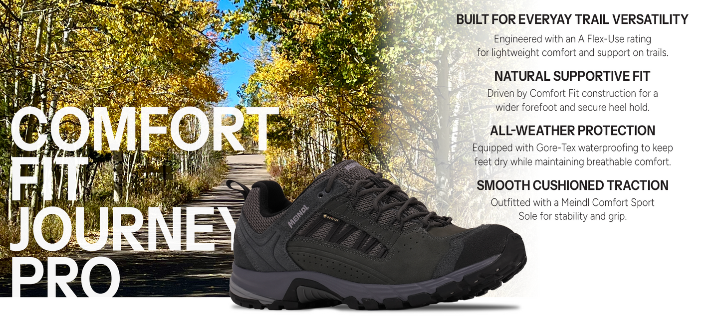 Meindl Comfort Fit Journey Pro Trail Shoe – Dark Grey Gore-Tex Suede Trail Shoe Against Autumn Aspen Trail Backdrop – Features: Built for Everyday Trail Versatility With A Flex-Use Rating, Natural Supportive Fit With Comfort Fit Construction, All-Weather Protection With Gore-Tex Waterproofing, Smooth Cushioned Traction With Meindl Comfort Sport Sole