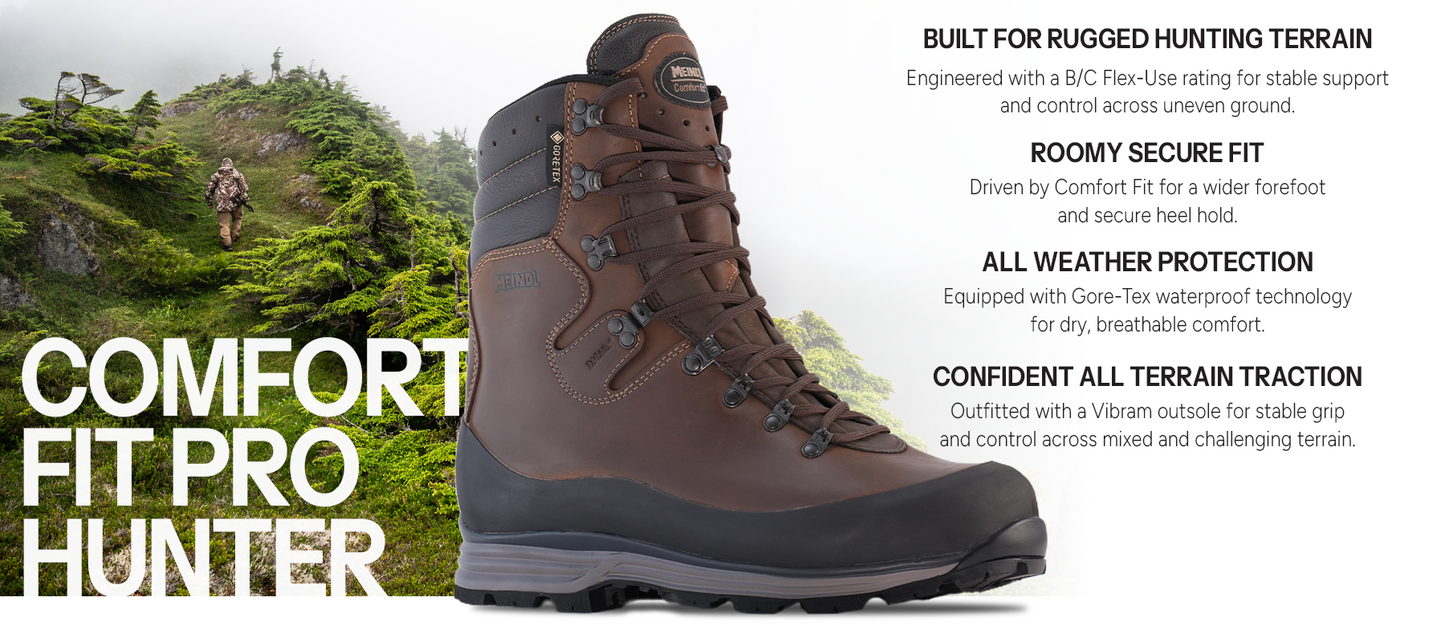 Meindl Comfort Fit Pro Hunter – Tall Brown Gore-Tex Leather Hunting Boot With Hunter Hiking Misty Alpine Terrain – Features: Built for Rugged Hunting Terrain With B/C Flex-Use Rating, Roomy Secure Fit With Comfort Fit Technology, All Weather Protection With Gore-Tex Waterproofing, Confident All Terrain Traction With Vibram Outsole