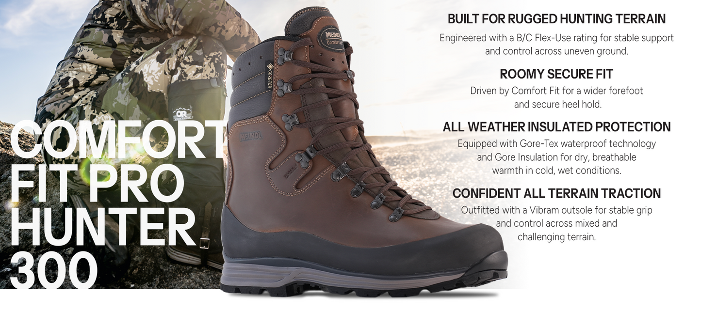 Meindl Comfort Fit Pro Hunter 300 – Tall Brown Insulated Gore-Tex Leather Hunting Boot With Hunter Glassing on Rocky Coastline – Features: Built for Rugged Hunting Terrain With B/C Flex-Use Rating, Roomy Secure Fit With Comfort Fit Technology, All Weather Insulated Protection With Gore-Tex Waterproofing and Gore Insulation, Confident All Terrain Traction With Vibram Outsole