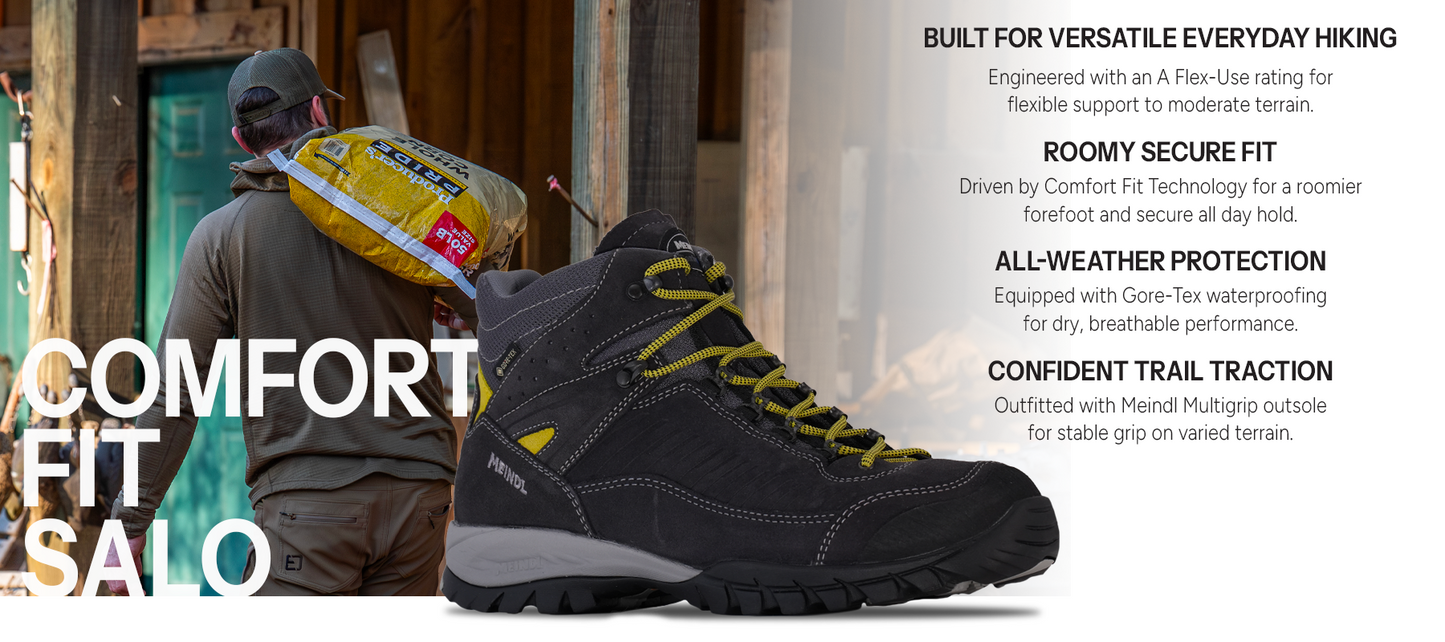 Meindl Comfort Fit Salo – Dark Grey and Yellow Gore-Tex Suede Mid Hiking Boot With Man Carrying Feed Bag at Ranch – Features: Built for Versatile Everyday Hiking With A Flex-Use Rating, Roomy Secure Fit With Comfort Fit Technology, All-Weather Protection With Gore-Tex Waterproofing, Confident Trail Traction With Meindl Multigrip Outsole