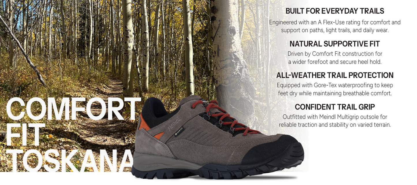 Meindl Comfort Fit Toskana – Grey and Red Gore-Tex Suede Trail Shoe Against Autumn Aspen Forest Trail – Features: Built for Everyday Trails With A Flex-Use Rating, Natural Supportive Fit With Comfort Fit Construction, All-Weather Trail Protection With Gore-Tex Waterproofing, Confident Trail Grip With Meindl Multigrip Outsole