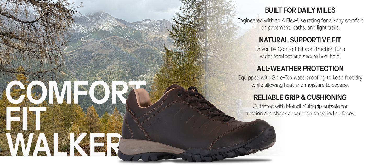 Meindl Comfort Fit Walker – Dark Brown Gore-Tex Leather Walking Shoe Against Alpine Mountain Backdrop – Features: Built for Daily Miles With A Flex-Use Rating, Natural Supportive Fit With Comfort Fit Construction, All-Weather Protection With Gore-Tex Waterproofing, Reliable Grip and Cushioning With Meindl Multigrip Outsole