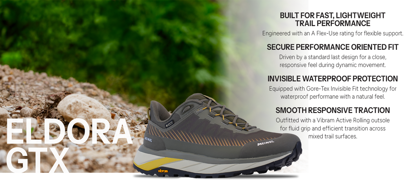 Meindl Eldora GTX Trail Runner – Olive and Gold Gore-Tex Trail Running Shoe on Rocky Gravel – Features: Built for Fast Lightweight Trail Performance With A Flex-Use Rating, Secure Performance Oriented Fit With Standard Last Design, Invisible Waterproof Protection With Gore-Tex Invisible Fit Technology, Smooth Responsive Traction With Vibram Active Rolling Outsole