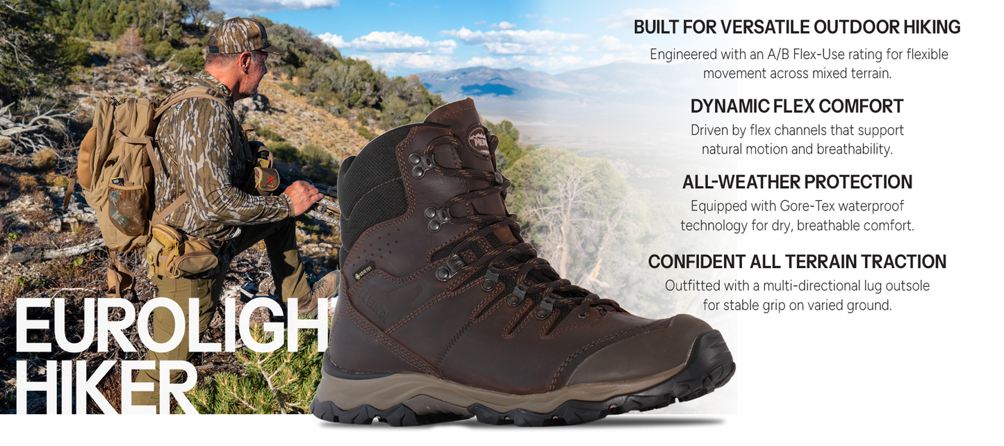 Meindl EuroLight Hiker – Brown Gore-Tex Leather Hiking Boot With Hunter Using Rangefinder on Desert Mountain Trail – Features: Built for Versatile Outdoor Hiking With A/B Flex-Use Rating, Dynamic Flex Comfort With Flex Channel Construction, All-Weather Protection With Gore-Tex Waterproofing, Confident All Terrain Traction With Multi-Directional Lug Outsole