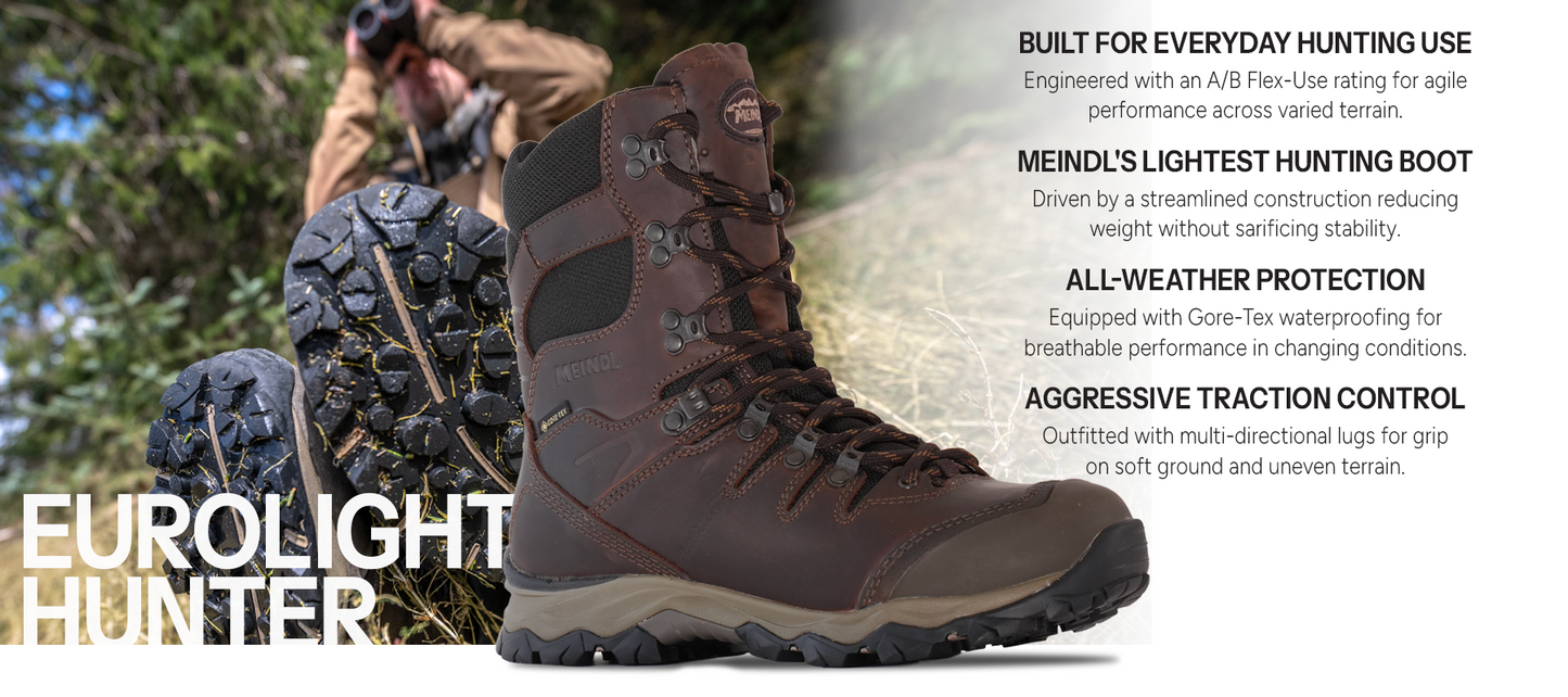 Meindl EuroLight Hunter Uninsulated – Brown Lightweight Gore-Tex Hunting Boot With Hunter Glassing in Forest Background – Features: Built for Everyday Hunting Use With A/B Flex-Use Rating, Meindl's Lightest Hunting Boot With Streamlined Construction, All-Weather Protection With Gore-Tex Waterproofing, Aggressive Traction Control With Multi-Directional Lug Outsole
