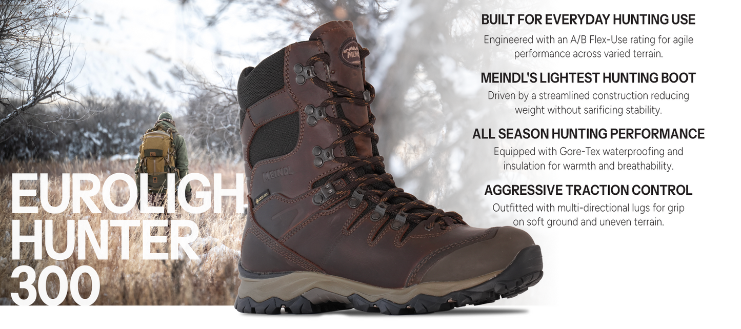 Meindl EuroLight Hunter 300 – Tall Brown Insulated Gore-Tex Leather Hunting Boot With Hunter Hiking Snow-Dusted Winter Brush – Features: Built for Everyday Hunting Use With A/B Flex-Use Rating, Meindl's Lightest Hunting Boot With Streamlined Construction, All Season Hunting Performance With Gore-Tex Waterproofing and Insulation, Aggressive Traction Control With Multi-Directional Lug Outsole