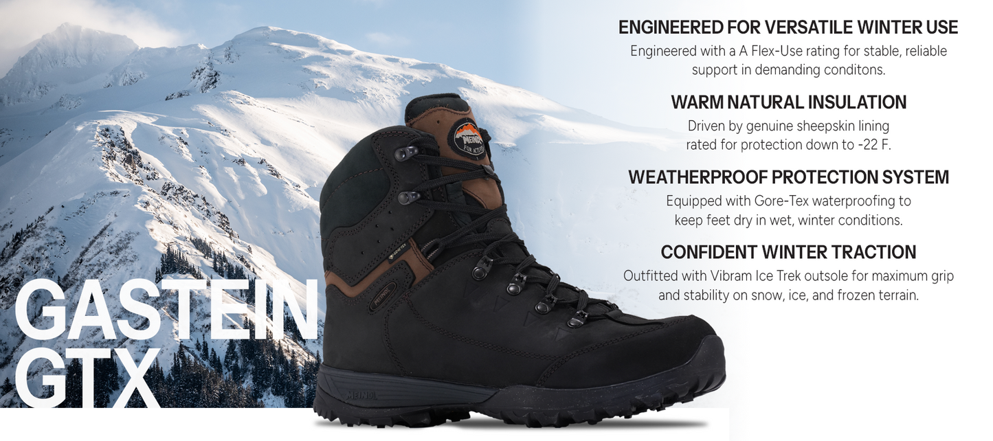 Meindl Gastein GTX Winter Boot – Black Sheepskin-Lined Gore-Tex Winter Boot Against Snow-Covered Mountain Backdrop – Features: Engineered for Versatile Winter Use With A Flex-Use Rating, Warm Natural Insulation With Genuine Sheepskin Lining Rated to -22F, Weatherproof Protection With Gore-Tex Waterproofing, Confident Winter Traction With Vibram Ice Trek Outsole