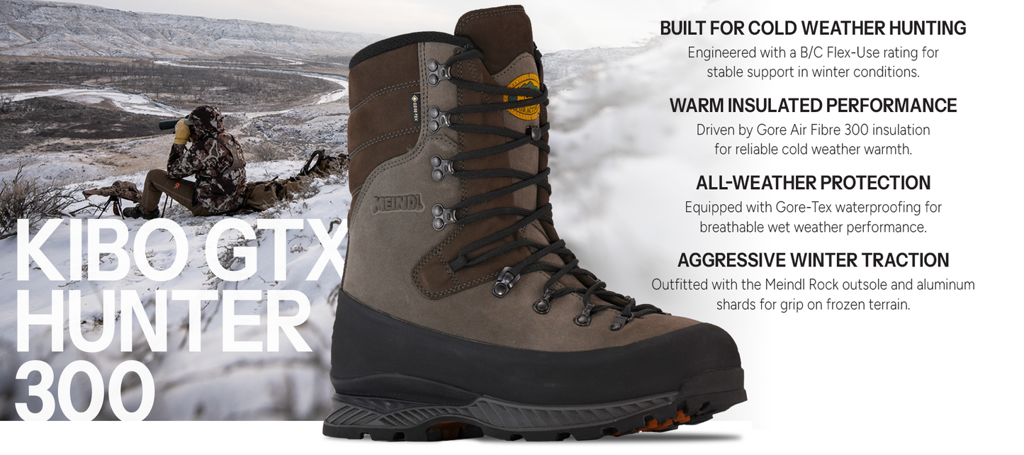 Meindl Kibo GTX Hunter 300 – Tall Brown Insulated Gore-Tex Hunting Boot With Hunter Glassing on Snowy Ridge – Features: Built for Cold Weather Hunting With B/C Flex-Use Rating, Warm Insulated Performance With Gore Air Fibre 300 Insulation, All-Weather Protection With Gore-Tex Waterproofing, Aggressive Winter Traction With Meindl Rock Outsole and Aluminum Shards