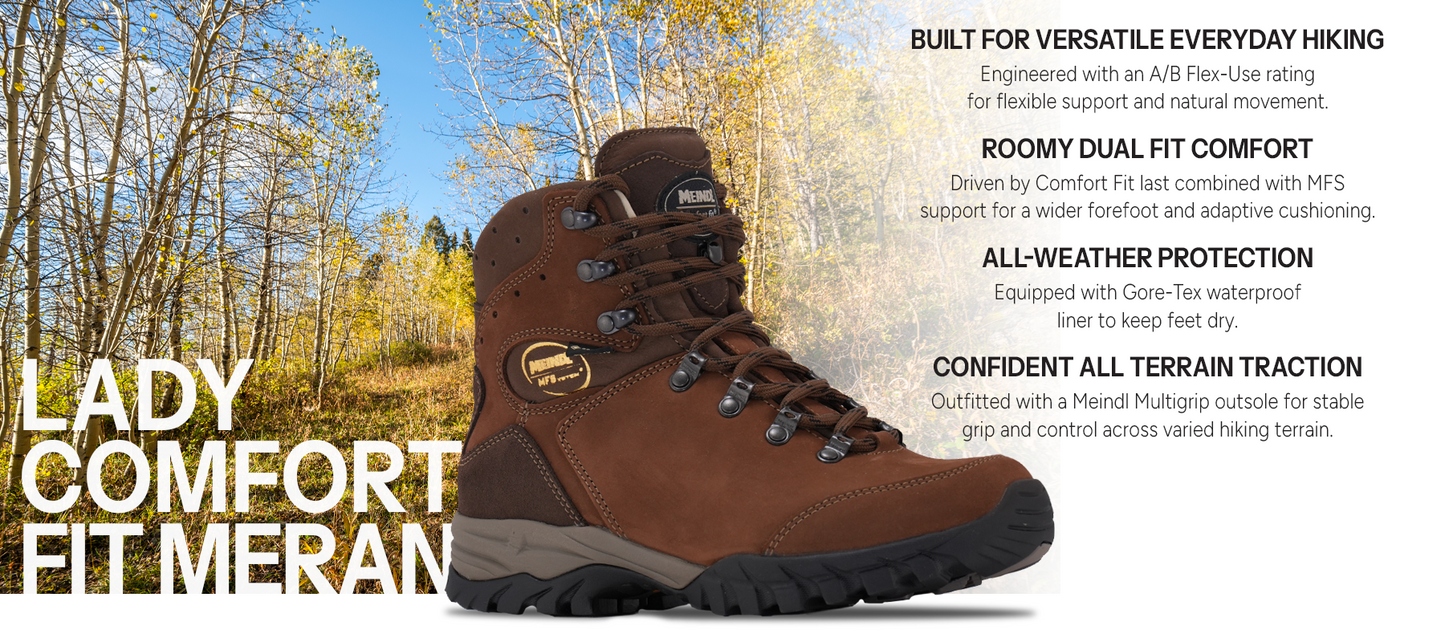 Meindl Lady Comfort Fit Meran Light Hiker – Women's Brown MFS Gore-Tex Leather Hiking Boot Against Autumn Aspen Backdrop – Features: Built for Versatile Everyday Hiking With A/B Flex-Use Rating, Roomy Dual Fit Comfort With Comfort Fit and MFS Support, All-Weather Protection With Gore-Tex Waterproof Liner, Confident All Terrain Traction With Meindl Multigrip Outsole
