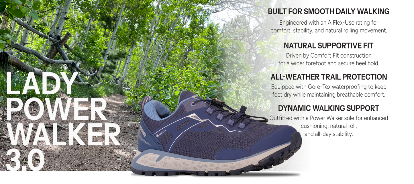 Meindl Lady Comfort Fit Power Walker 3.0 – Navy Blue Women's Gore-Tex Walking Shoe on Forest Trail – Features: Built for Smooth Daily Walking With A Flex-Use Rating, Natural Supportive Fit With Comfort Fit Construction, All-Weather Trail Protection With Gore-Tex Waterproofing, Dynamic Walking Support With Power Walker Rolling Sole