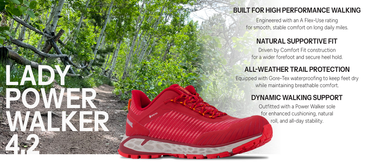 Meindl Lady Comfort Fit Power Walker 4.2 – Red Women's Gore-Tex Walking Shoe on Forest Trail – Features: Built for High Performance Walking With A Flex-Use Rating, Natural Supportive Fit With Comfort Fit Construction, All-Weather Trail Protection With Gore-Tex Waterproofing, Dynamic Walking Support With Power Walker Rolling Sole