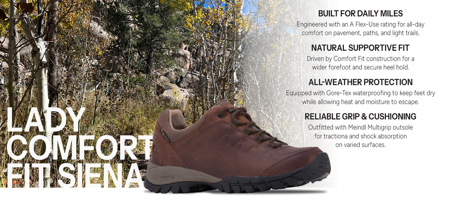 Meindl Lady Comfort Fit Siena Walker – Brown Full-Grain Leather Women's Gore-Tex Walking Shoe on Rocky Autumn Trail – Features: Built for Daily Miles With A Flex-Use Rating, Natural Supportive Fit With Comfort Fit Construction, All-Weather Protection With Gore-Tex Waterproofing, Reliable Grip and Cushioning With Meindl Multigrip Outsole
