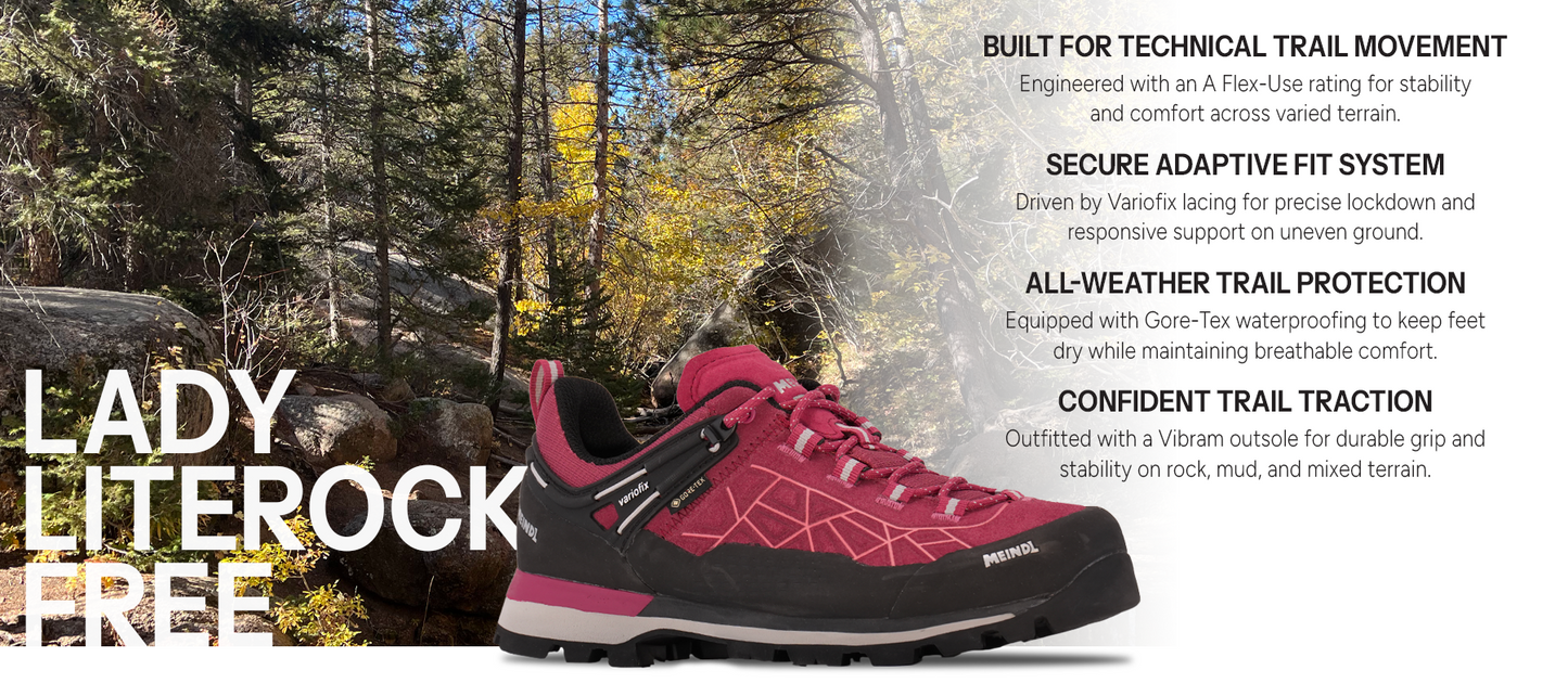 Meindl Lady Literock Free Trail Shoe – Red and Black Women's Gore-Tex Trail Shoe on Rocky Mountain Forest Trail – Features: Built for Technical Trail Movement With A Flex-Use Rating, Secure Adaptive Fit With Variofix Lacing, All-Weather Trail Protection With Gore-Tex Waterproofing, Confident Trail Traction With Vibram Outsole