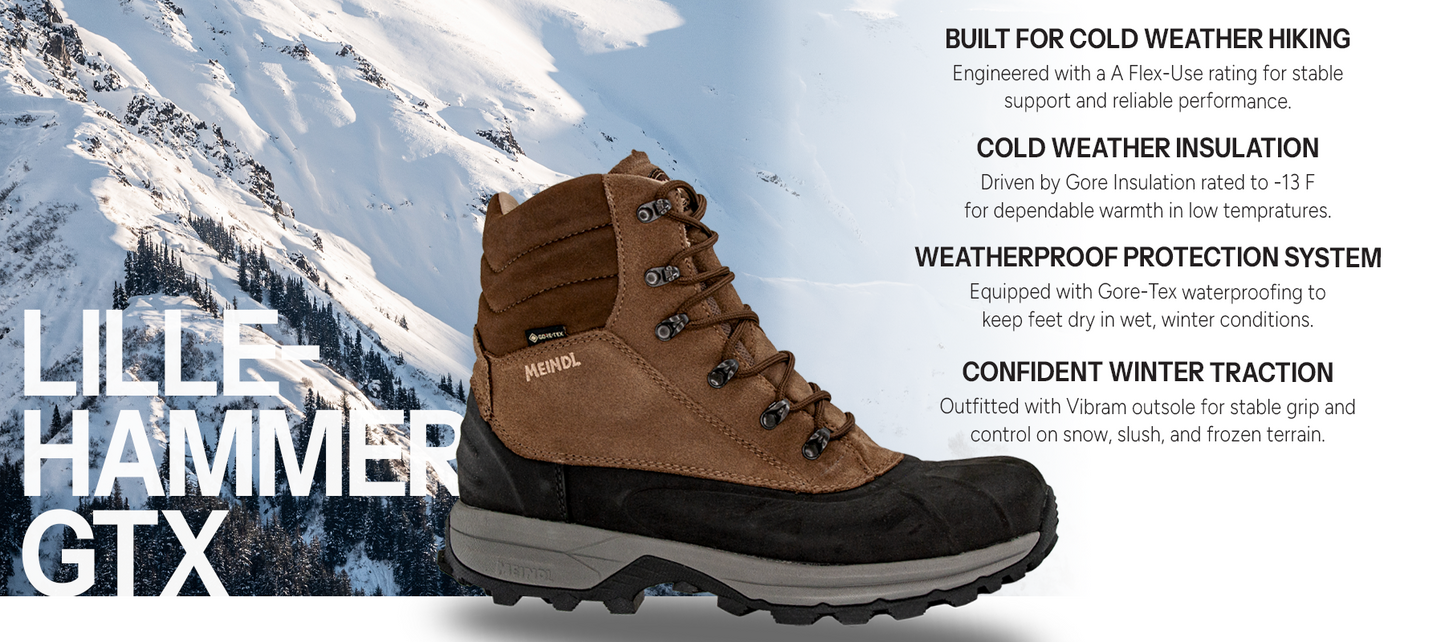 Meindl Lillehammer GTX – Brown and Black Suede Gore-Tex Winter Pac Boot Against Snow-Covered Alpine Mountain Backdrop – Features: Built for Cold Weather Hiking With A Flex-Use Rating, Cold Weather Insulation With Gore Insulation Rated to -13F, Weatherproof Protection System With Gore-Tex Waterproofing, Confident Winter Traction With Vibram Outsole on Snow and Frozen Terrain