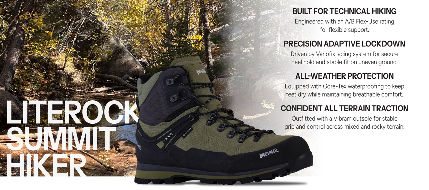 Meindl Literock Summit Hiker – Olive Green and Black Gore-Tex Technical Hiking Boot Against Rocky Forest Stream Background – Features: Built for Technical Hiking With A/B Flex-Use Rating, Precision Adaptive Lockdown With Variofix Lacing System for Secure Heel Hold, All-Weather Protection With Gore-Tex Waterproofing, Confident All Terrain Traction With Vibram Outsole on Mixed and Rocky Terrain