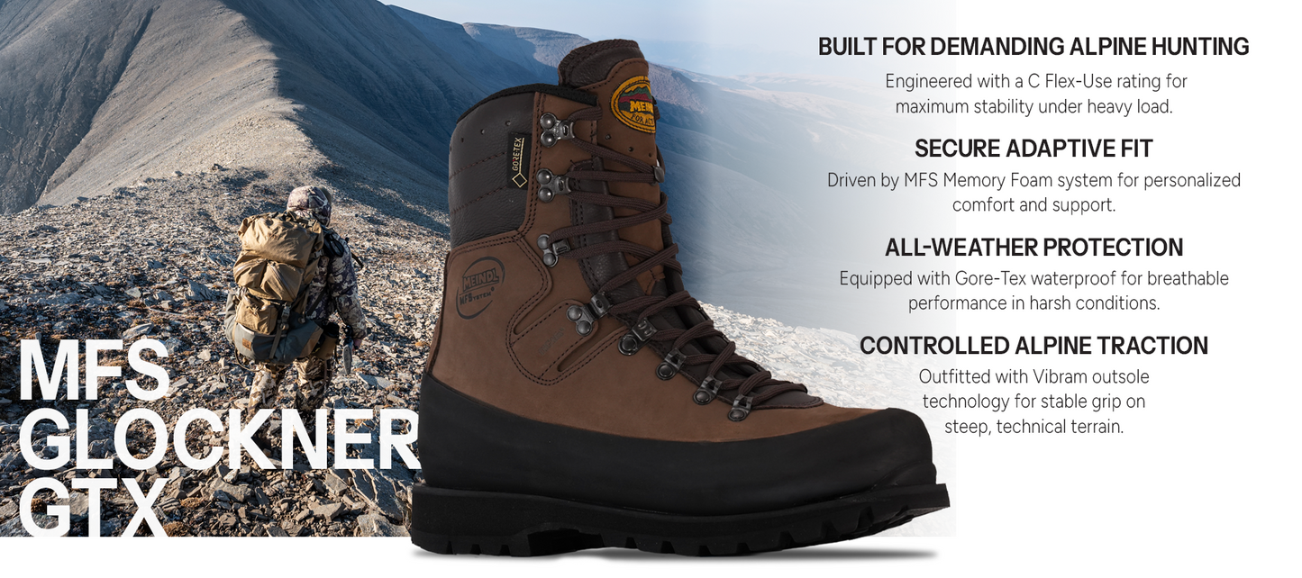 Meindl MFS Glockner GTX – Brown Full-Grain Leather Men's Gore-Tex Alpine Hunting Boot on Steep Rocky Mountain Terrain With Hunter Carrying Heavy Pack in Background – Features: Built for Demanding Alpine Hunting With C Flex-Use Rating, Secure Adaptive Fit With MFS Memory Foam System, All-Weather Protection With Gore-Tex Waterproofing, Controlled Alpine Traction With Vibram Outsole