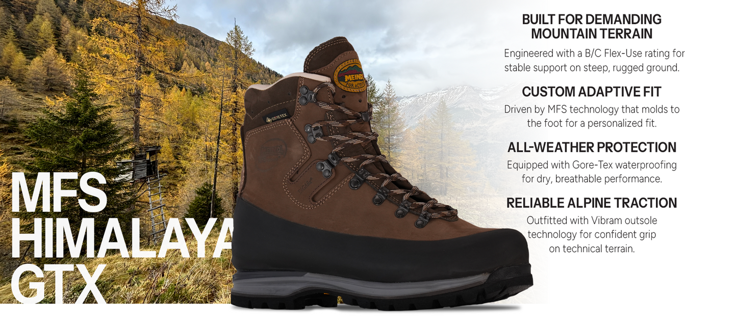 Meindl MFS Himalaya GTX – Brown MFS Gore-Tex Leather Mountain Boot Against Autumn Alpine Larch Forest and Hunting Tower Backdrop – Features: Built for Demanding Mountain Terrain With B/C Flex-Use Rating, Custom Adaptive Fit With MFS Technology, All-Weather Protection With Gore-Tex Waterproofing, Reliable Alpine Traction With Vibram Outsole
