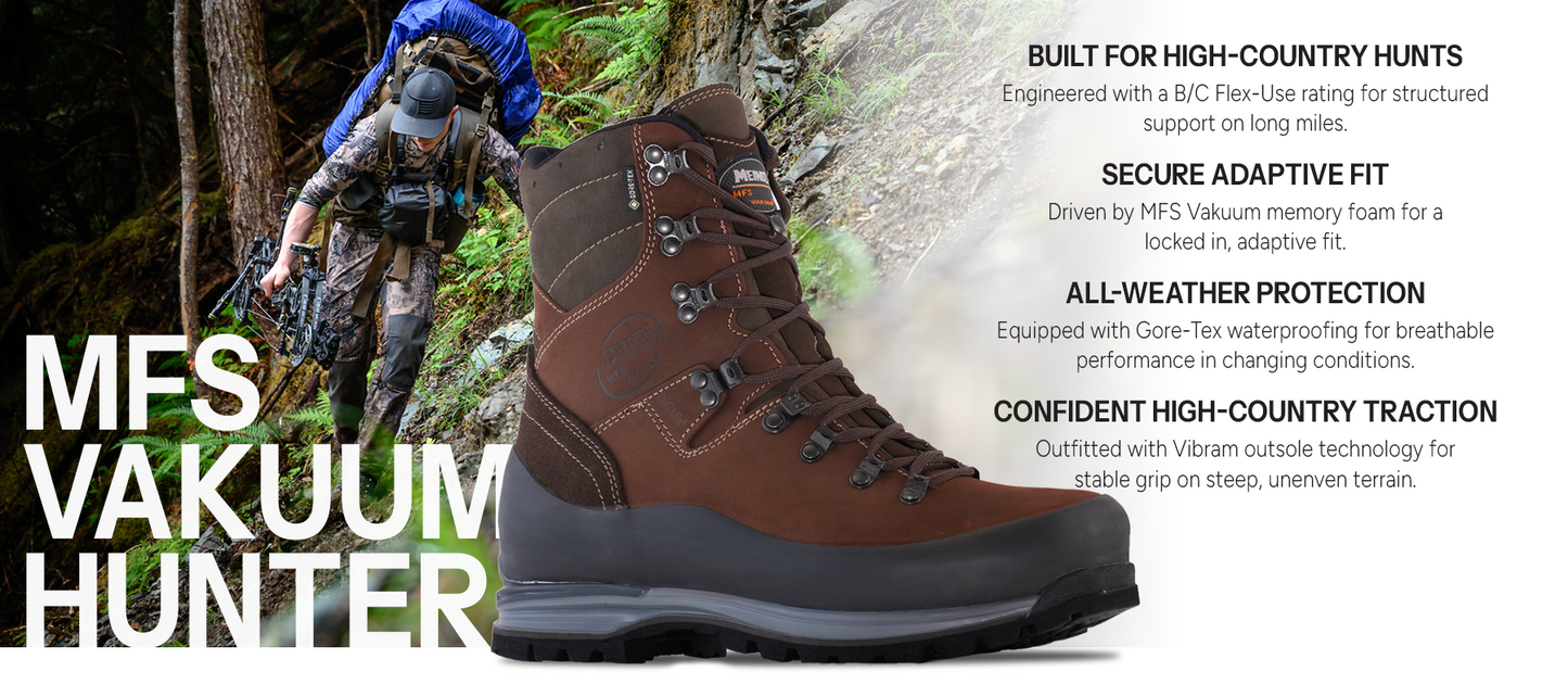 Meindl MFS Vakuum Hunter – Brown MFS Gore-Tex Leather Hunting Boot With Bowhunter Navigating Steep Rainforest Terrain – Features: Built for High-Country Hunts With B/C Flex-Use Rating, Secure Adaptive Fit With MFS Vakuum Memory Foam Technology, All-Weather Protection With Gore-Tex Waterproofing, Confident High-Country Traction With Vibram Outsole