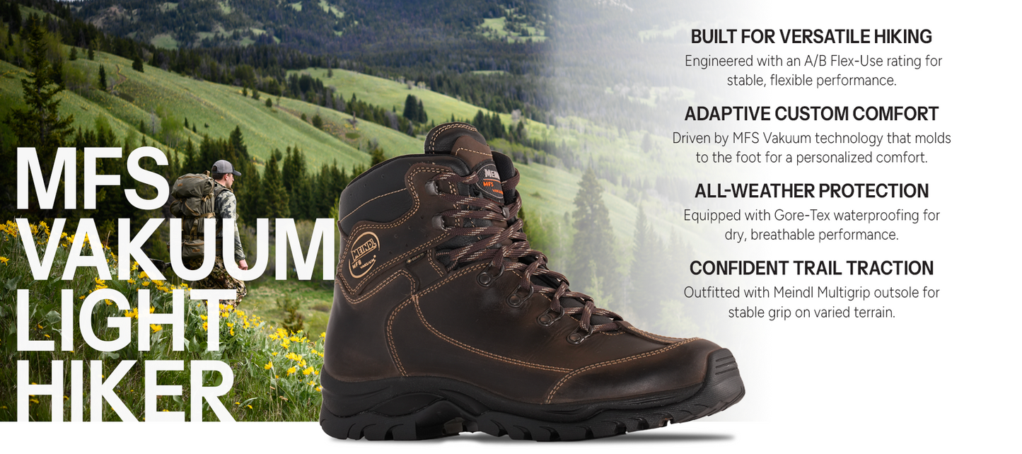 Meindl MFS Vakuum Light Hiker – Dark Brown Full-Grain Leather Men's Gore-Tex Hiking Boot on Alpine Meadow Terrain With Hiker Carrying Pack in Background – Features: Built for Versatile Hiking With A/B Flex-Use Rating, Adaptive Custom Comfort With MFS Vakuum Technology, All-Weather Protection With Gore-Tex Waterproofing, Confident Trail Traction With Meindl Multigrip Outsole