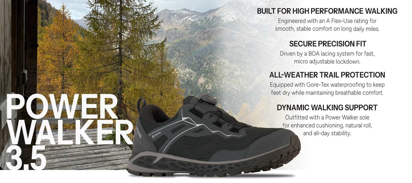 Meindl Power Walker 3.5 – Black Gore-Tex BOA Knit Walking Shoe Against Autumn Alpine Mountain and Chalet Backdrop – Features: Built for High Performance Walking With A Flex-Use Rating, Secure Precision Fit With BOA Lacing System, All-Weather Trail Protection With Gore-Tex Waterproofing, Dynamic Walking Support With Power Walker Rolling Sole