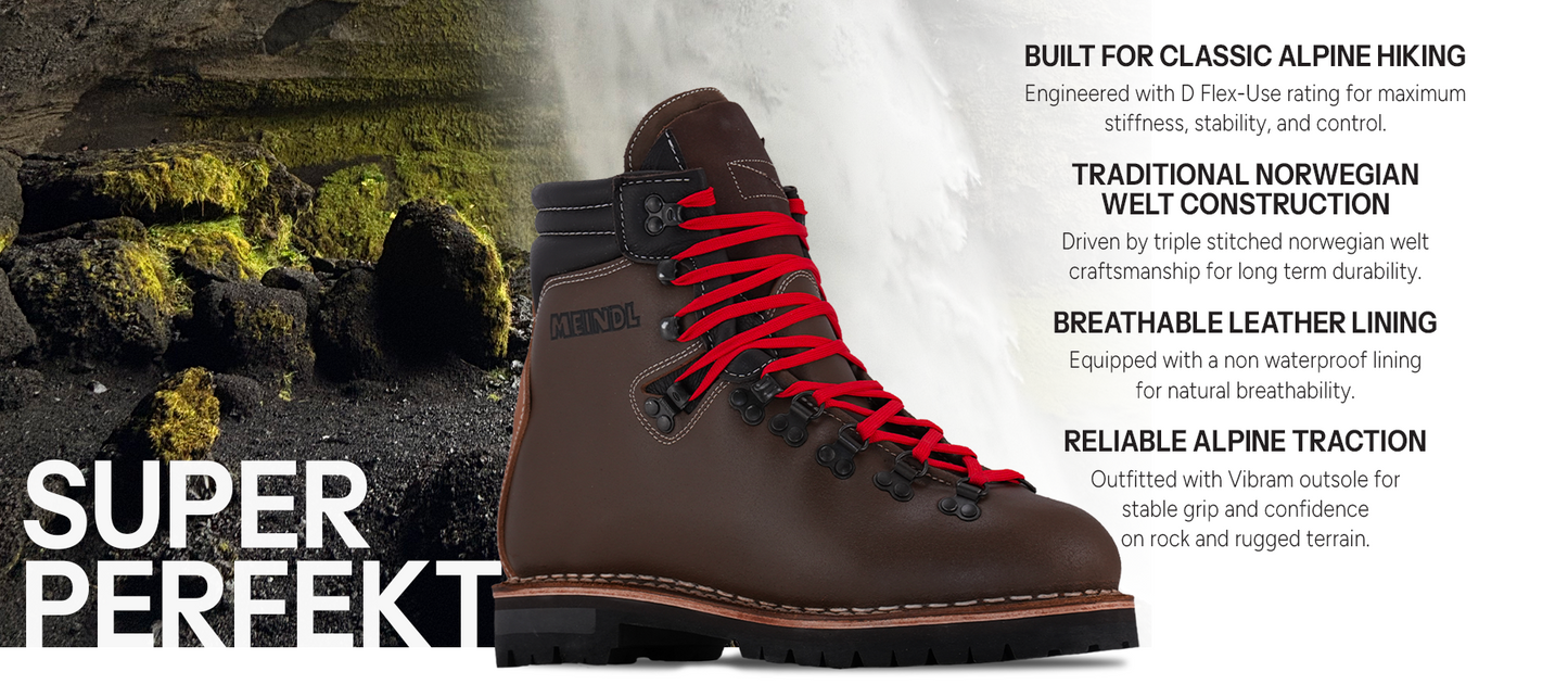 Meindl Super Perfekt Hiking Boot – Brown Full-Grain Leather Men's Classic Alpine Hiking Boot With Red Laces Against Rocky Waterfall Terrain – Features: Built for Classic Alpine Hiking With D Flex-Use Rating for Maximum Stiffness, Traditional Norwegian Welt Construction With Triple Stitched Craftsmanship, Breathable Leather Lining With Non-Waterproof Natural Breathability, Reliable Alpine Traction With Vibram Outsole on Rock and Rugged Terrain
