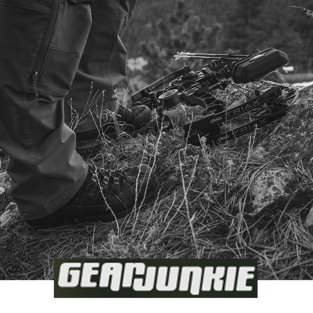 Meindl Air Revolution Alpine 4.1 Hiker – As Featured in Gear Junkie – Gore-Tex Waterproof Hiking Boot Worn by Bowhunter Resting Compound Bow on Rocky Alpine Terrain