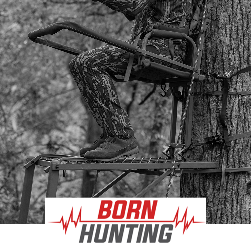 Meindl Comfort Fit Boa Speed Hunter – As Featured in Born Hunting – Boa Speed Lacing Hunting Boot Worn by Hunter in Camouflage Sitting in Elevated Tree Stand