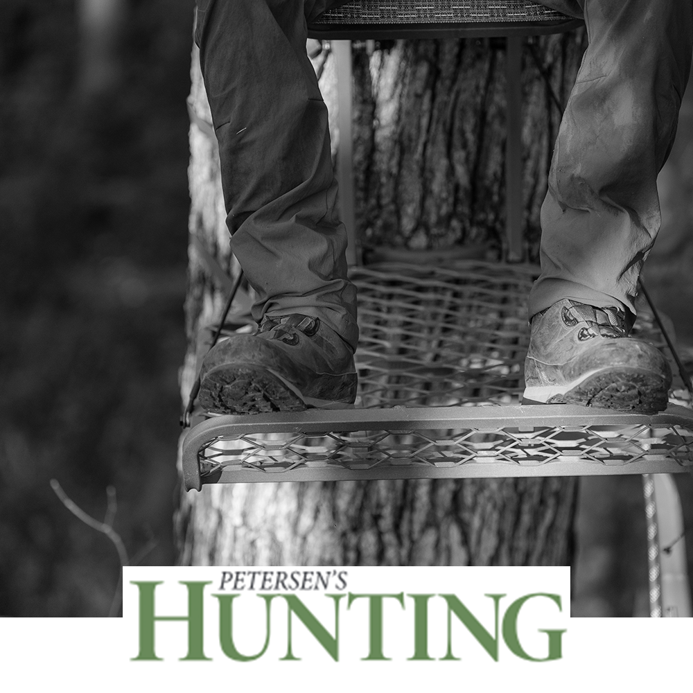 Meindl Comfort Fit Boa Speed Hunter – As Featured in Petersen's Hunting Magazine – Boa Speed Lacing Hunting Boot Worn by Hunter Standing on Tree Stand Platform in Woodland Setting