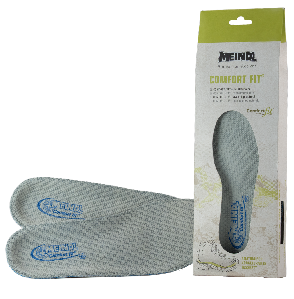 Meindl Comfort Fit Cork Insole – Gray Textured Insole Pair Shown With Retail Packaging Featuring Comfort Fit Branding and Natural Cork Description
