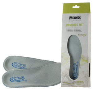 Meindl Comfort Fit Cork Insole – Gray Textured Insole Pair Shown With Retail Packaging Featuring Comfort Fit Branding and Natural Cork Description