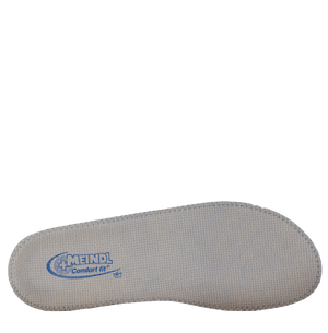 Meindl Comfort Fit Cork Insole – Bottom View Showing Gray Textured Rubber Base With Meindl Comfort Fit Branding Printed at Heel on White Background