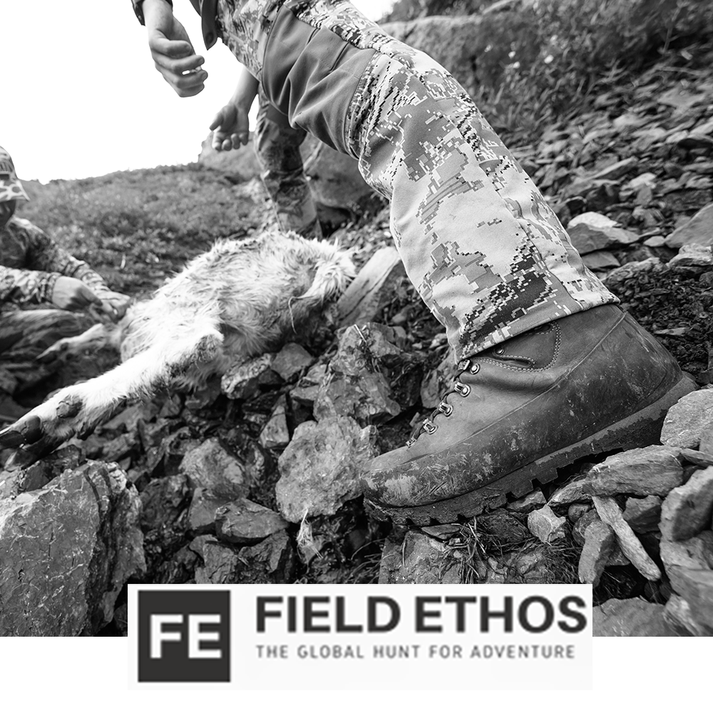 Meindl Comfort Fit Extreme – As Featured in Field Ethos Magazine – Heavy-Duty Leather Hunting Boot Worn by Hunter Traversing Rocky Terrain While Field Dressing Game
